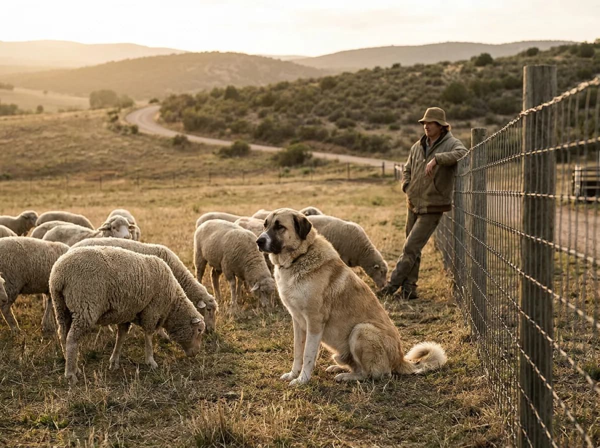 Anatolian Shepherd beside sheep and a handler within farm fencing.