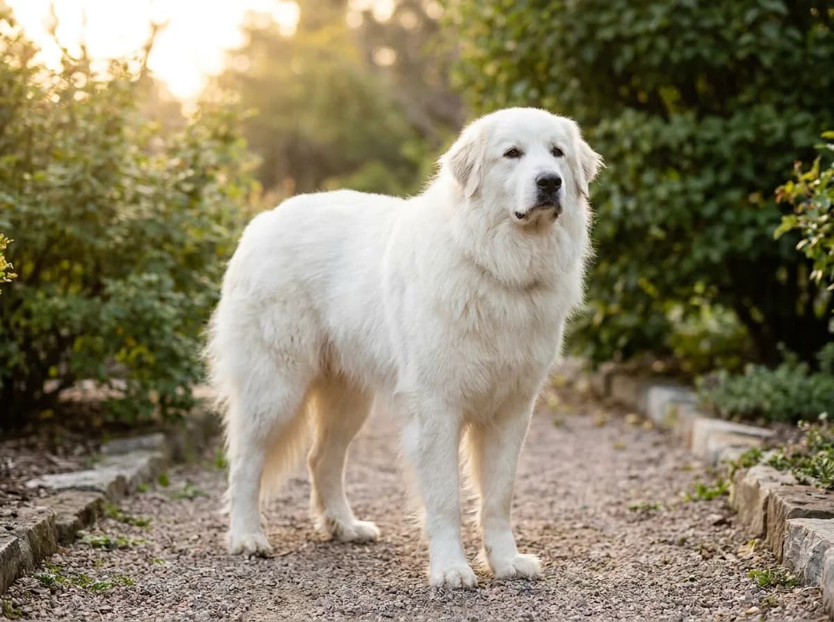 White Great Pyrenees standing on a garden path with long coat and feathering visible.