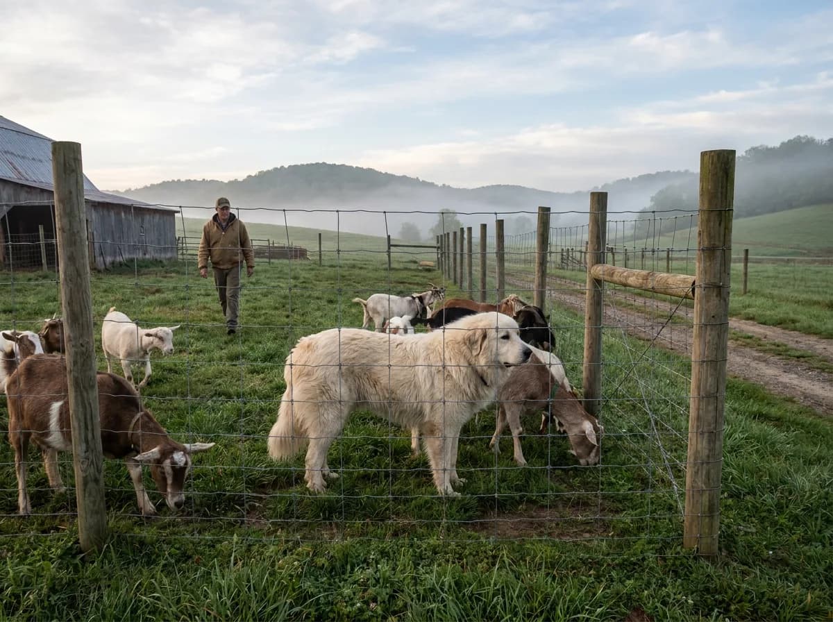 Great Pyrenees near goats and a handler within a fenced paddock.