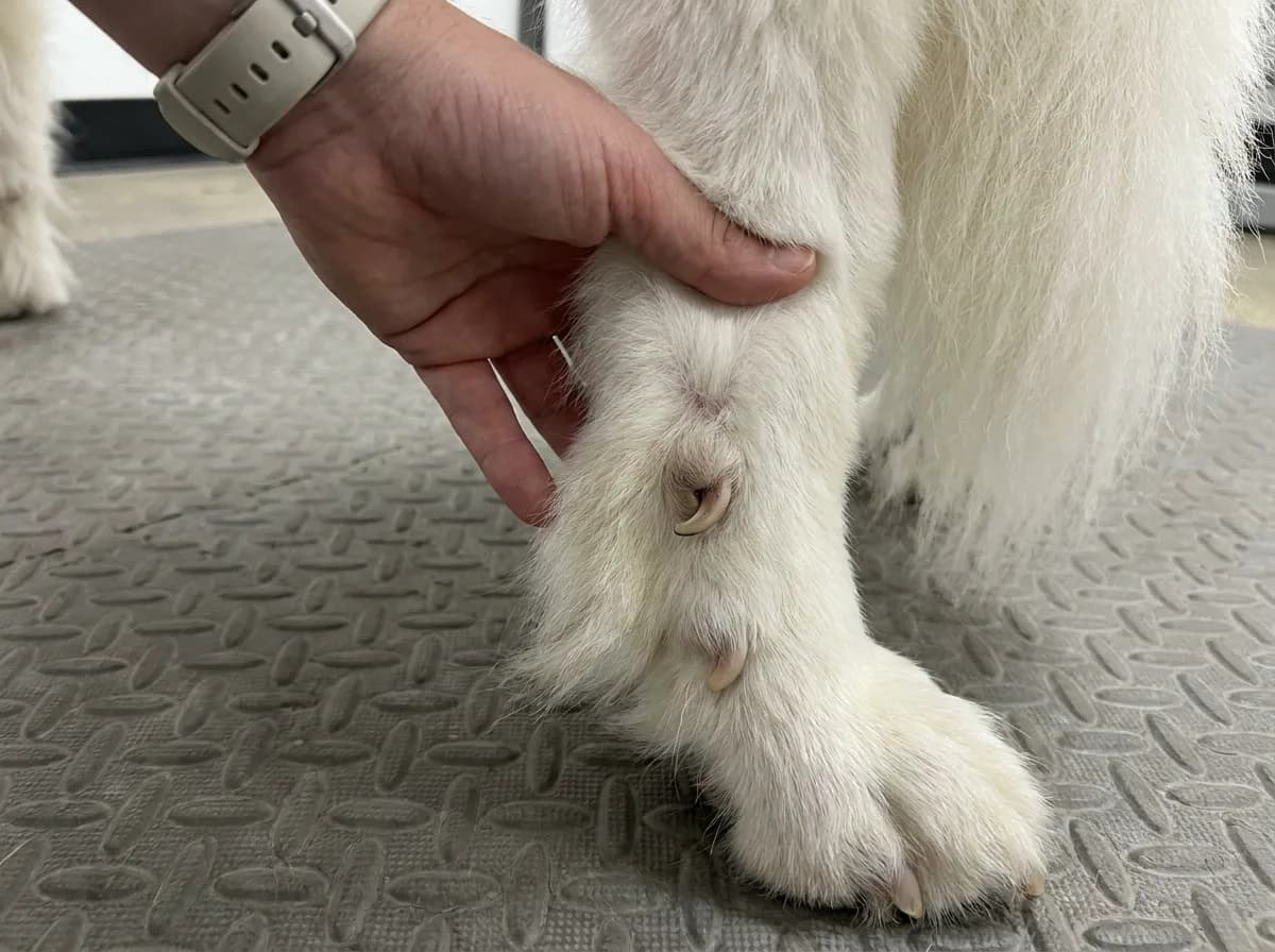 Close view of two dewclaws above the main paw on a white hind leg.