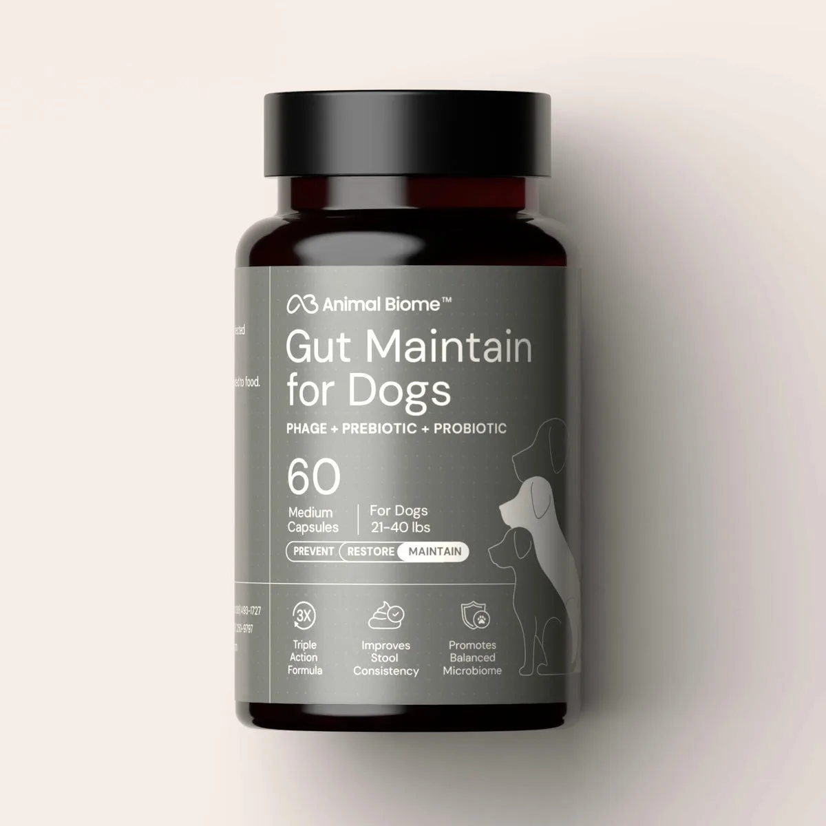 Animal Biome Gut Maintain for Dogs bottle and capsules