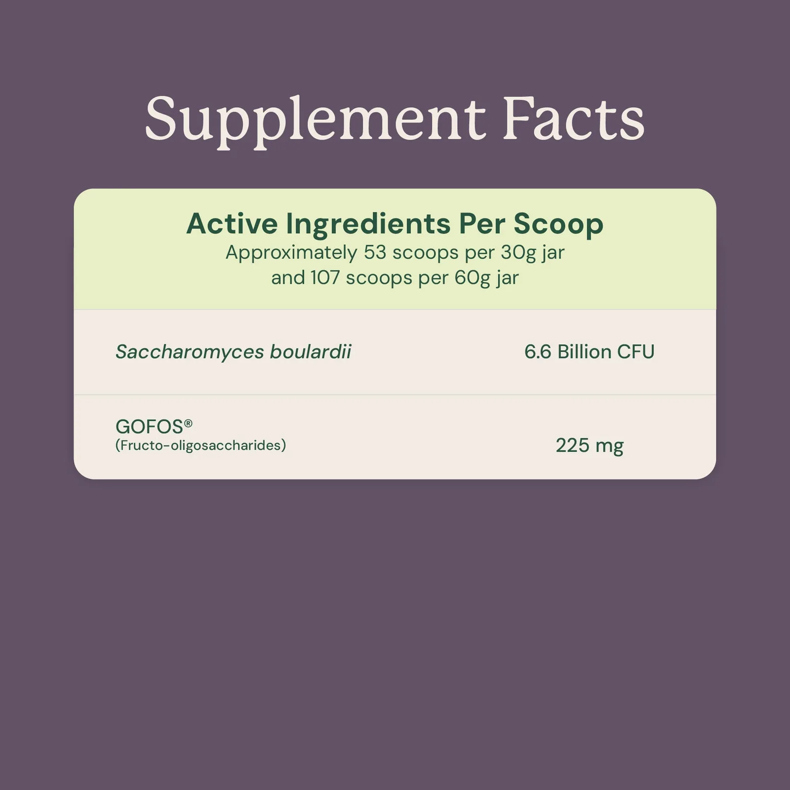 Official Animal Biome supplement facts for S. boulardii plus FOS Powder