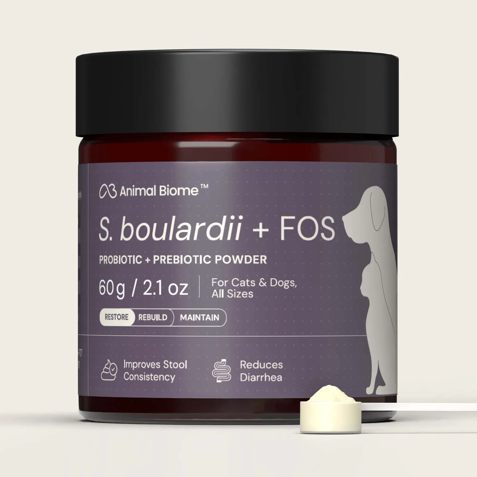 Official Animal Biome S. boulardii plus FOS Powder container and scoop