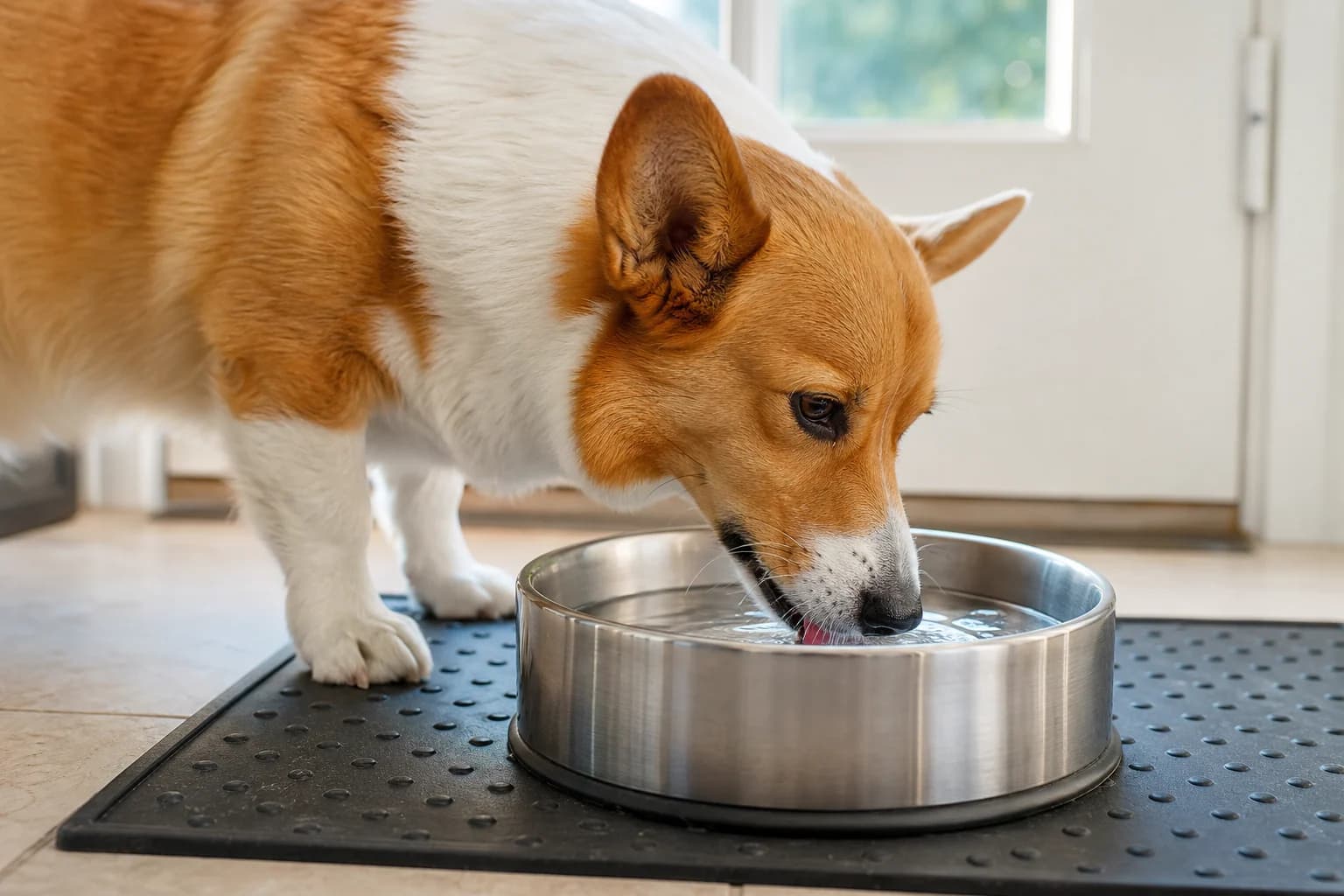 Corgi drinking water during recovery from digestive upset