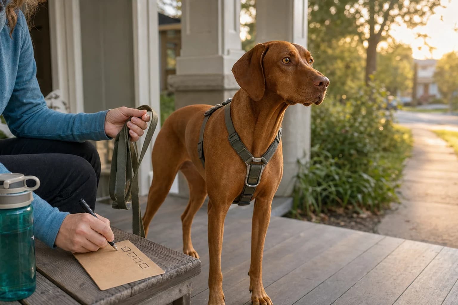 Owner using a recovery checklist before taking a Vizsla on a short walk