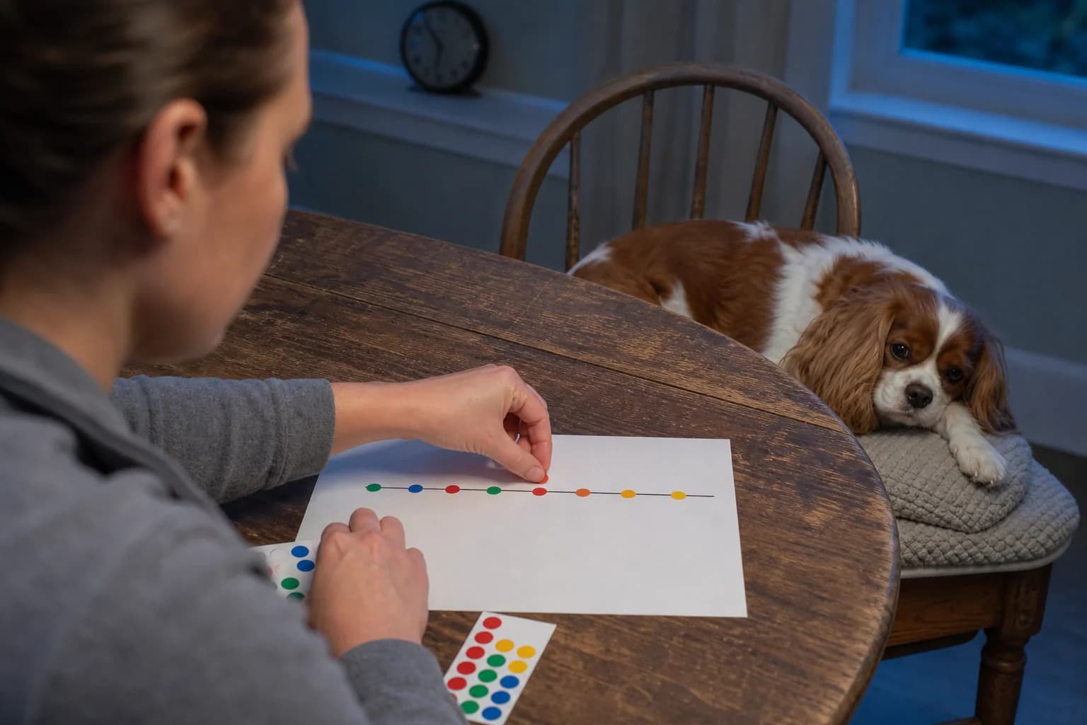 Owner recording medication and symptom timing while a Cavalier rests nearby