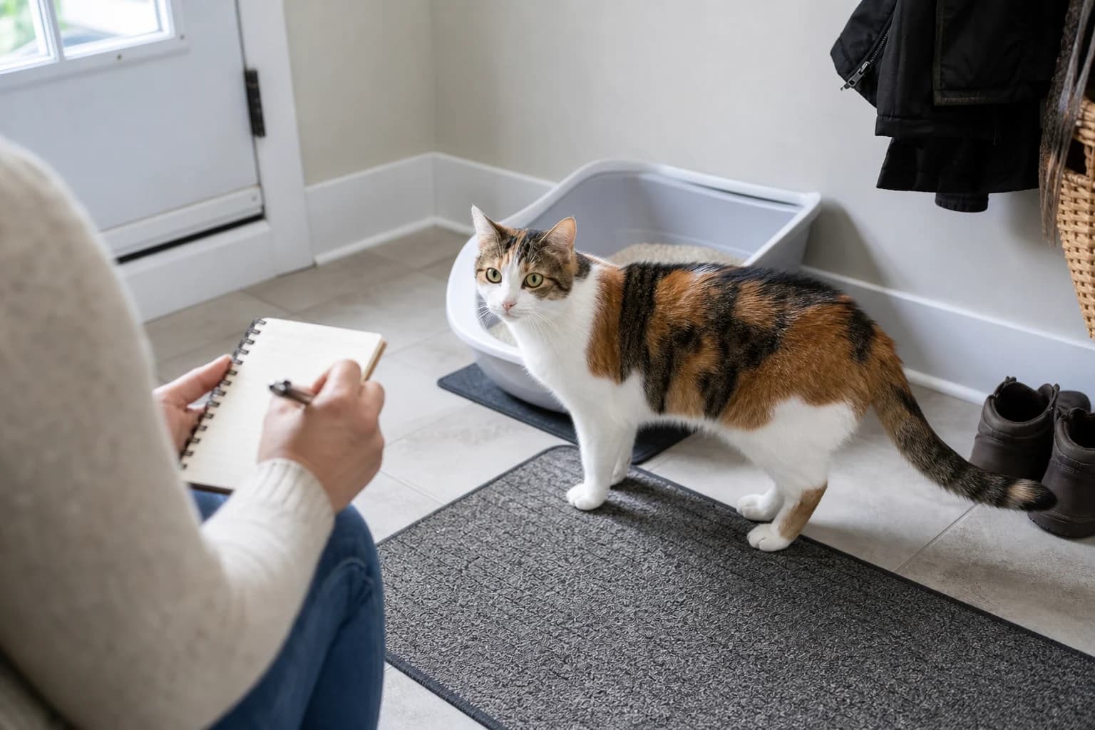 Calico cat near a clean litter box while an owner records digestive observations