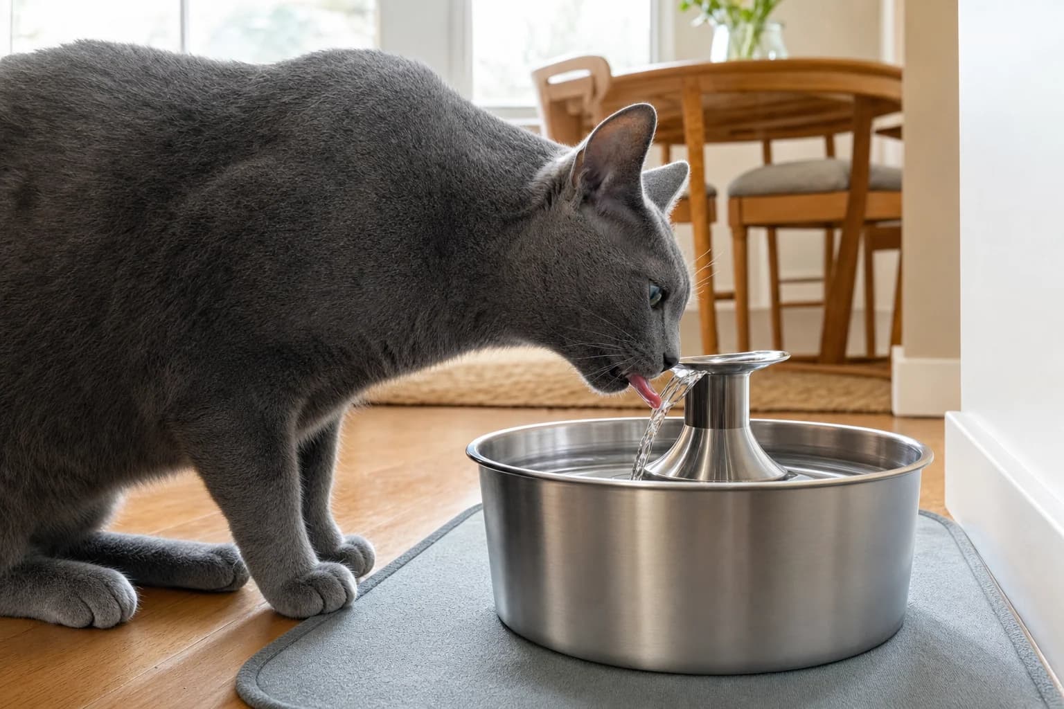 Russian Blue cat drinking from a stainless steel water fountain