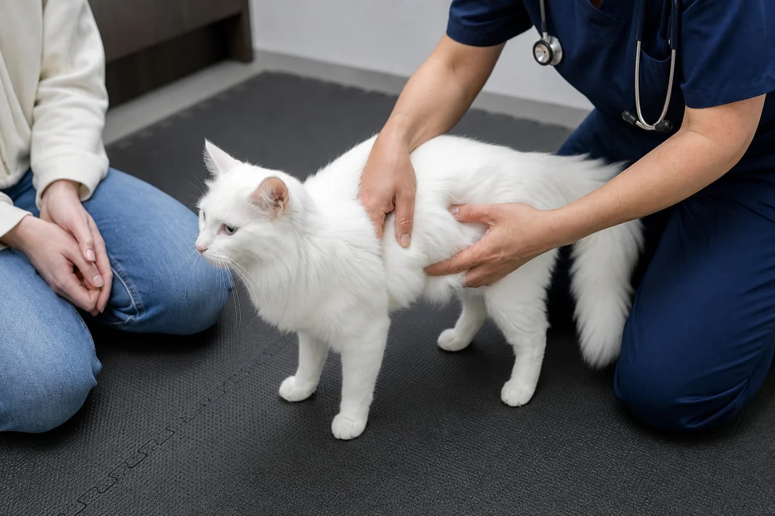 Veterinarian gently examining a white cat's abdomen during a digestive health visit