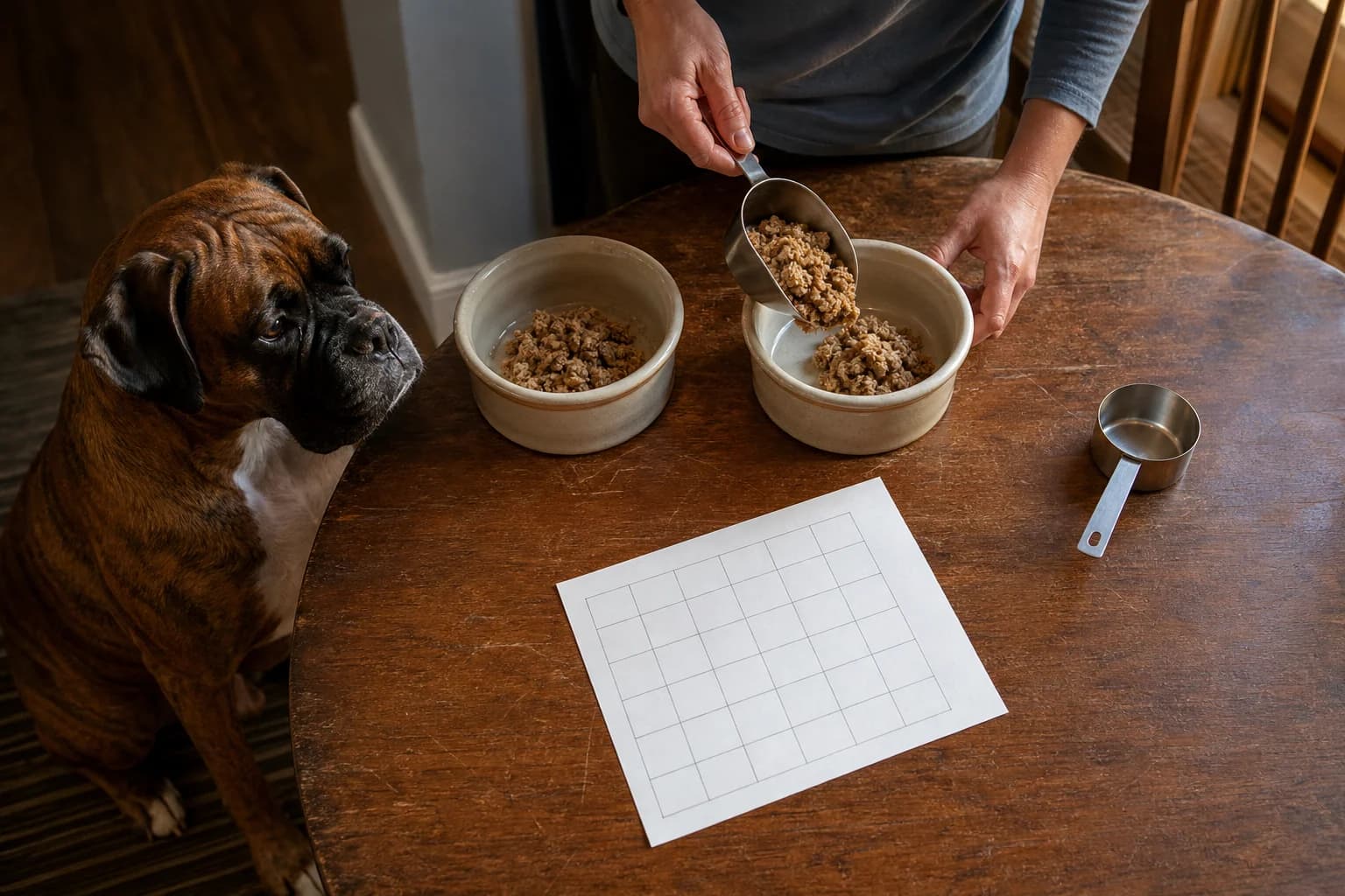 Precisely portioned matching dog meals and a blank diet-trial grid beside a waiting Boxer