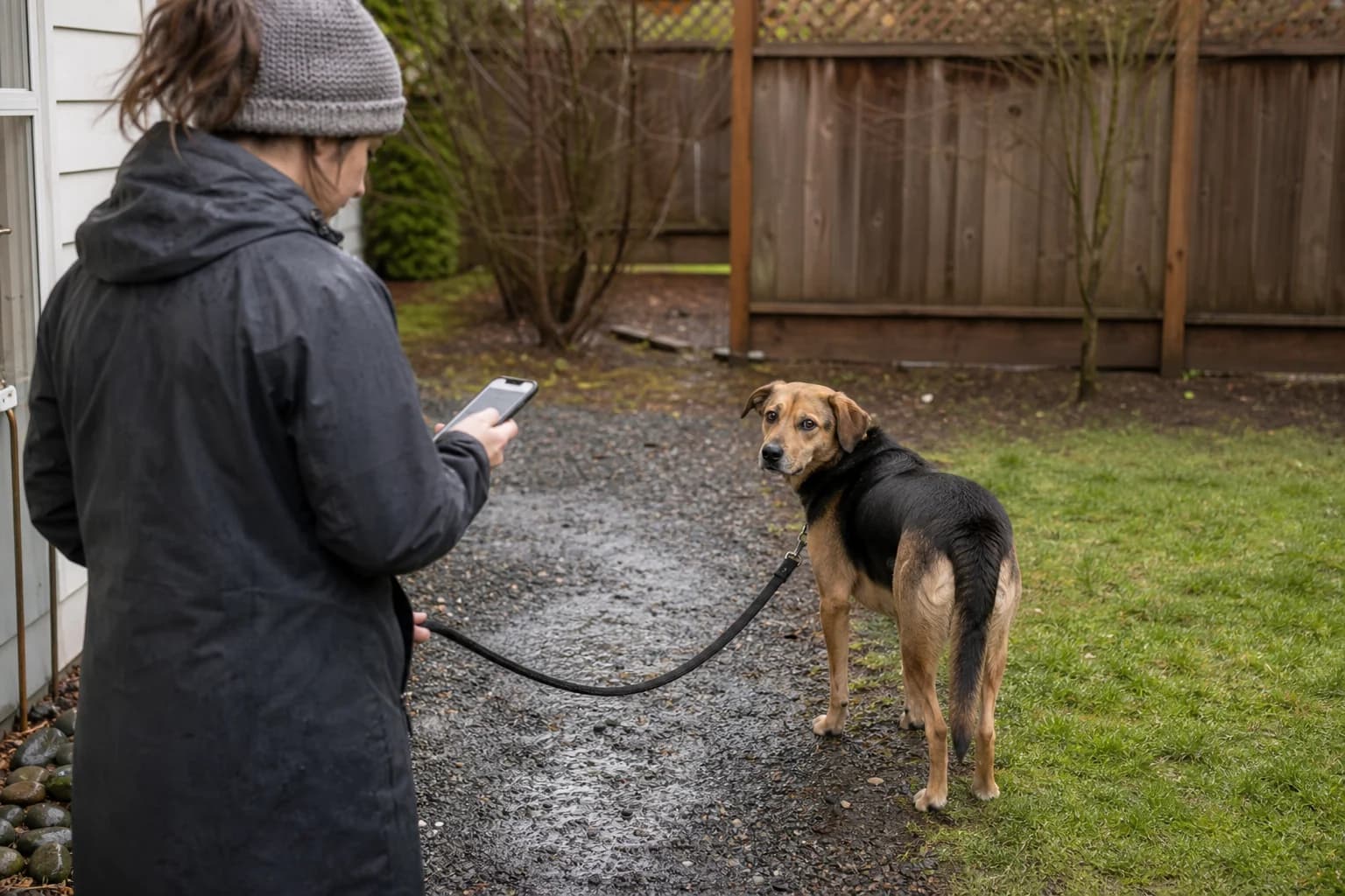 Mixed-breed dog on a backyard potty break while an owner records symptom patterns