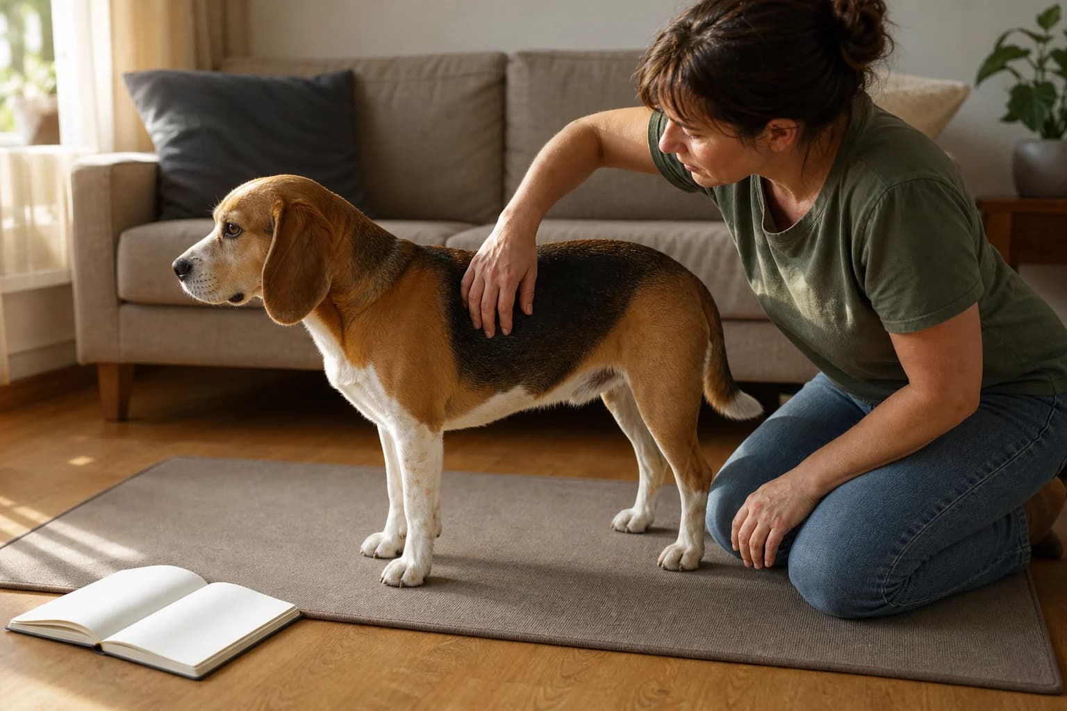 Owner gently checking a Beagle's body condition during digestive recovery