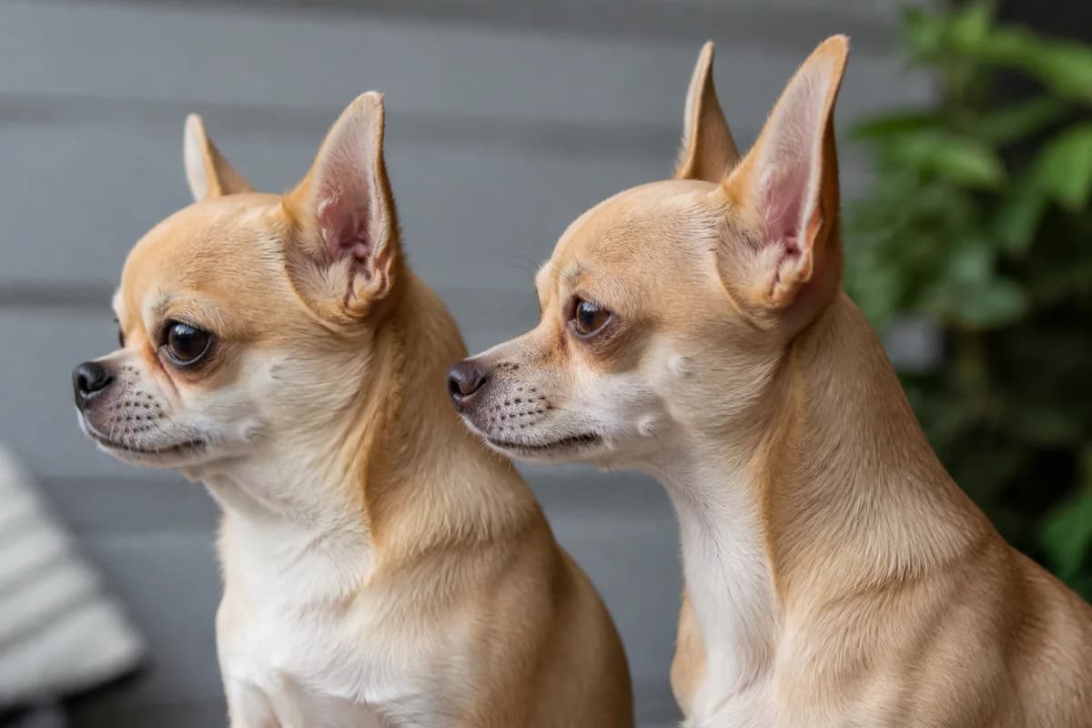 Close side profiles of two adult Chihuahuas showing rounded apple-dome and longer deer-head-style muzzle differences