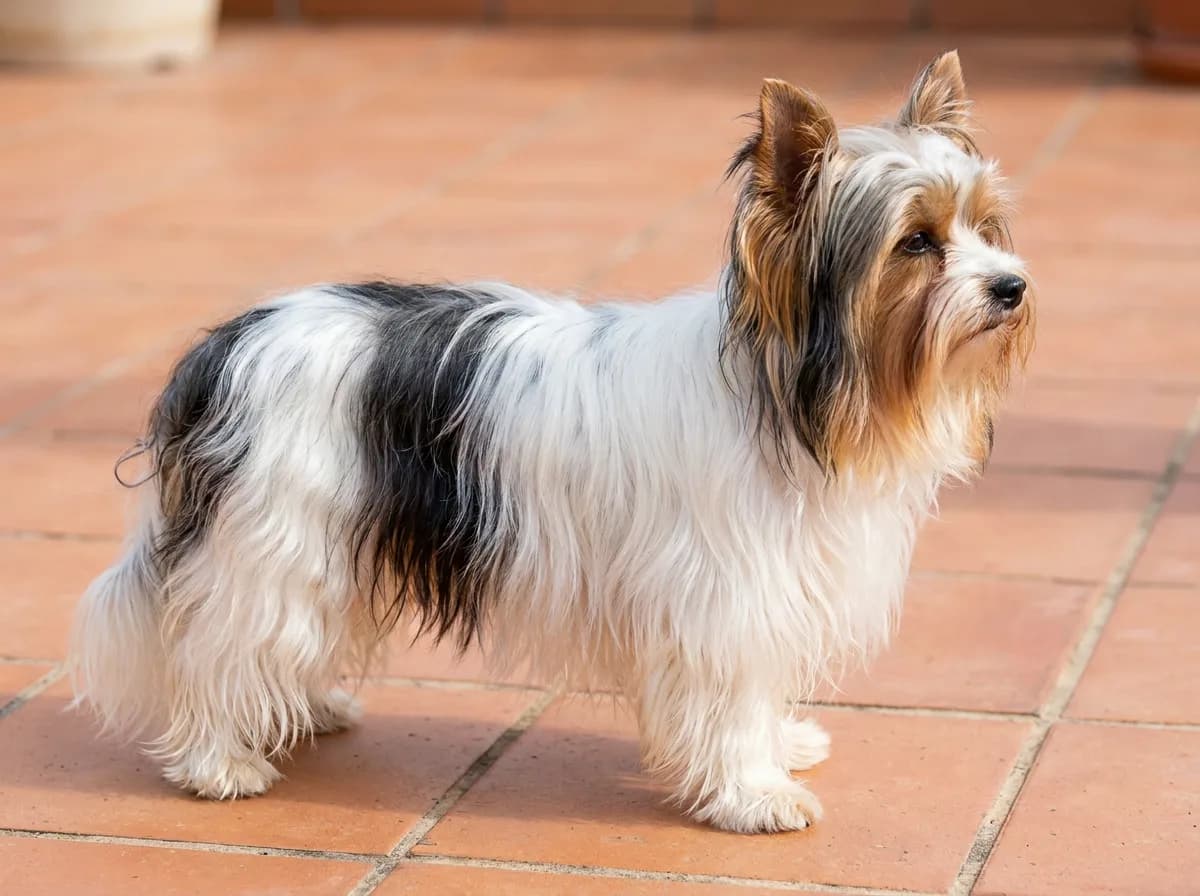 Biewer Terrier showing a long silky coat on terracotta paving