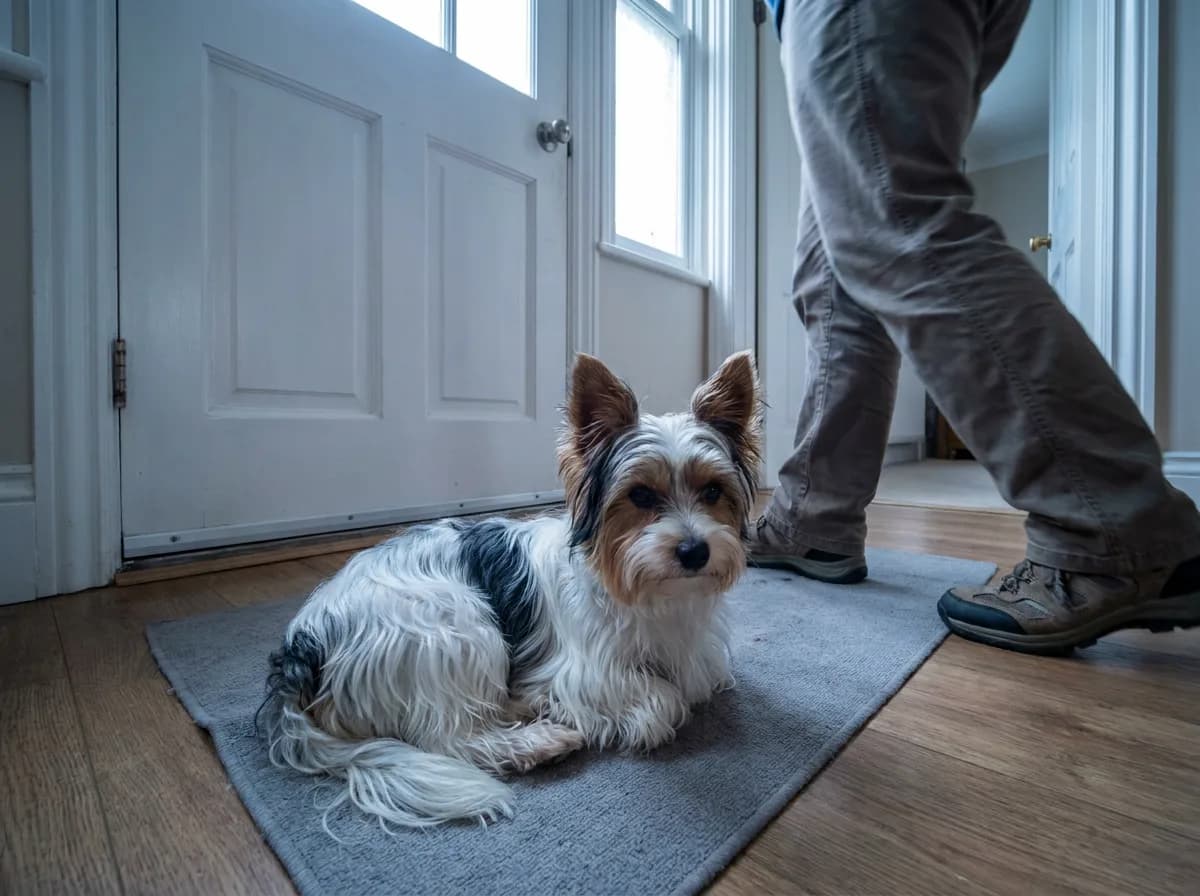 Biewer Terrier resting beside a closed door as a caregiver walks past