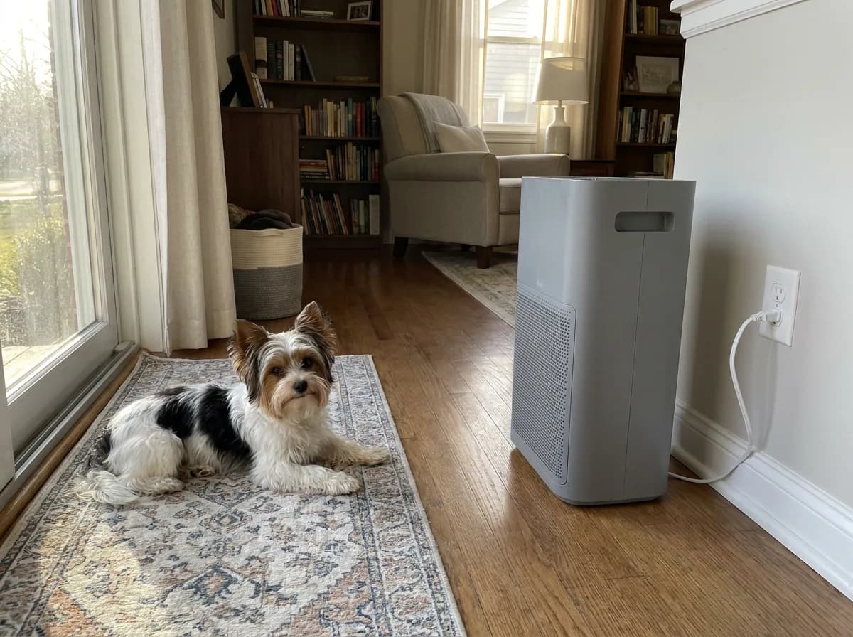 Biewer Terrier resting on a rug near a floor-standing air purifier