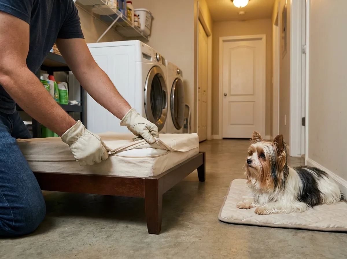 Caregiver removing a washable dog-bed cover while a Biewer Terrier rests nearby