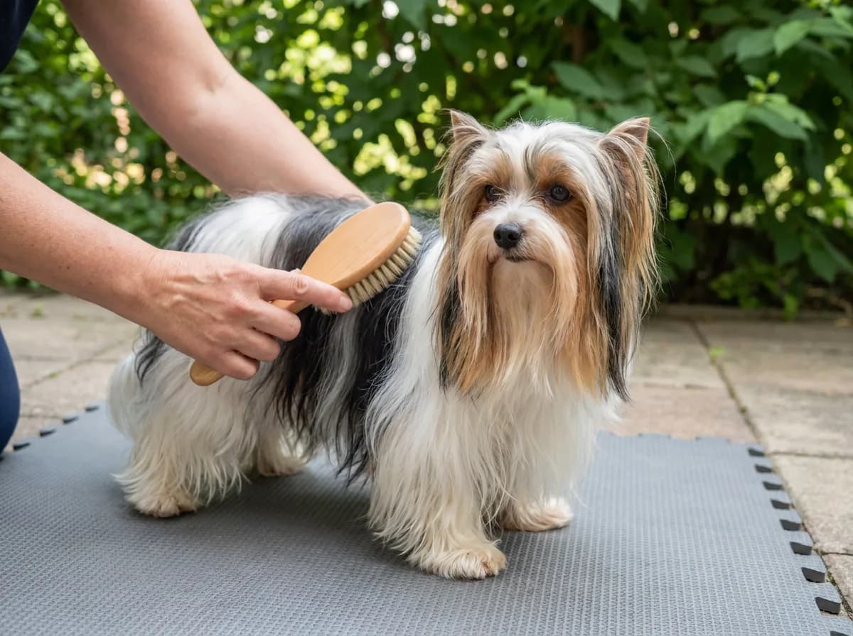 Caregiver gently brushing a Biewer Terrier outdoors on a nonslip mat