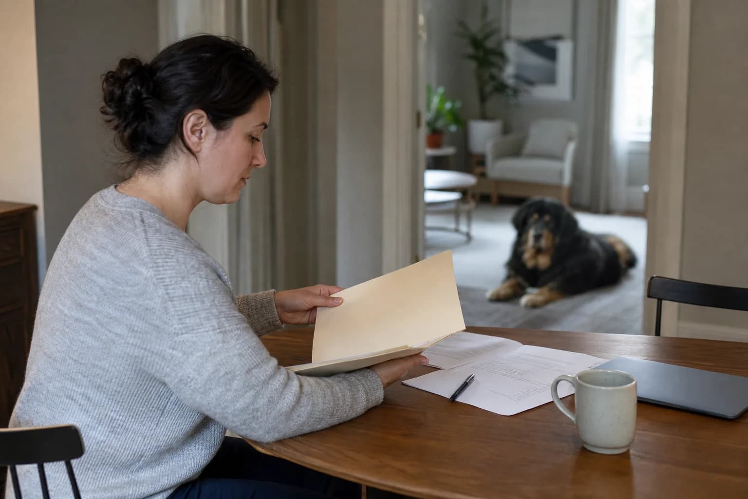 Renter reviewing a pet-policy folder at a table while a Tibetan Mastiff rests in the next room