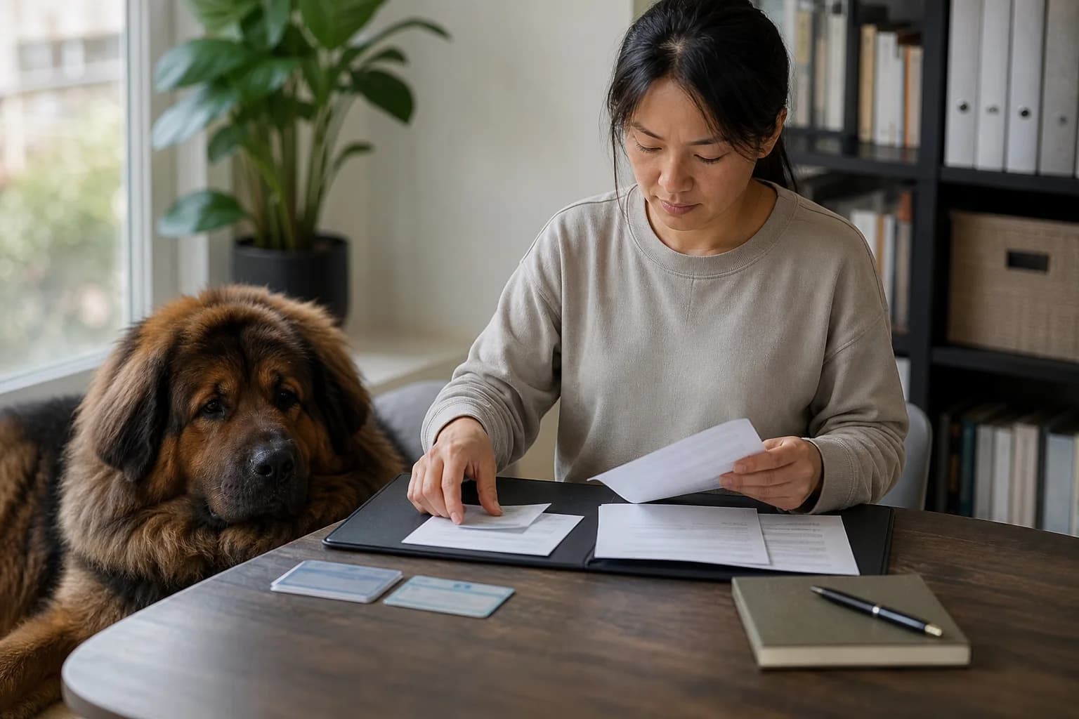 Owner organizing pet approval and care records at a desk beside a resting Tibetan Mastiff