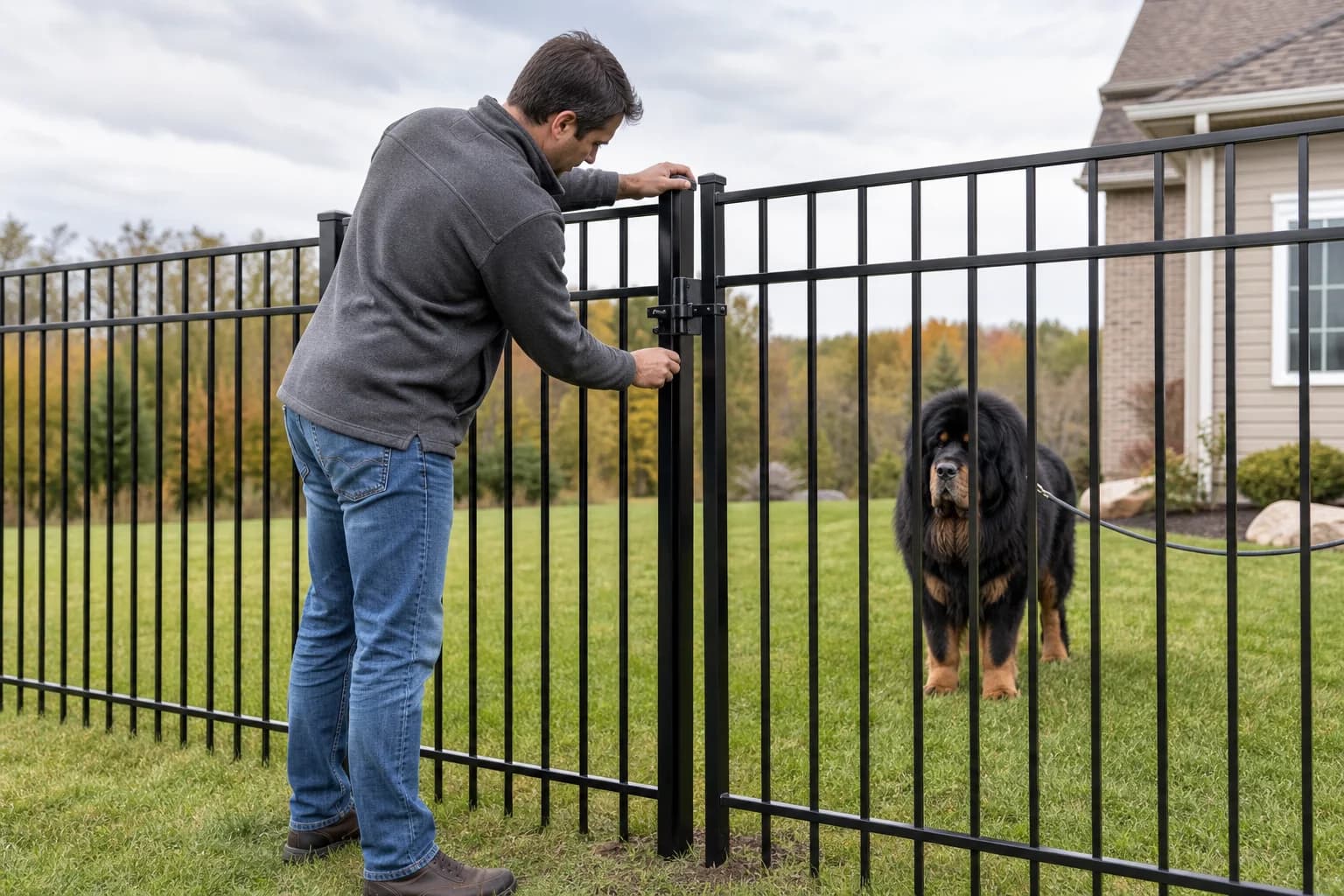 Owner inspecting the latch on a tall metal fence while a Tibetan Mastiff remains inside the yard