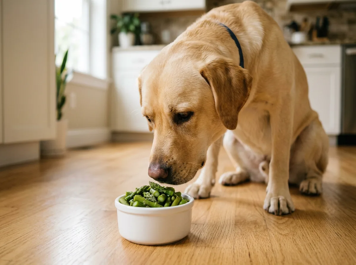Yellow Labrador sniffing a bowl of cooked chopped asparagus, illustrating that dogs can eat asparagus in moderation