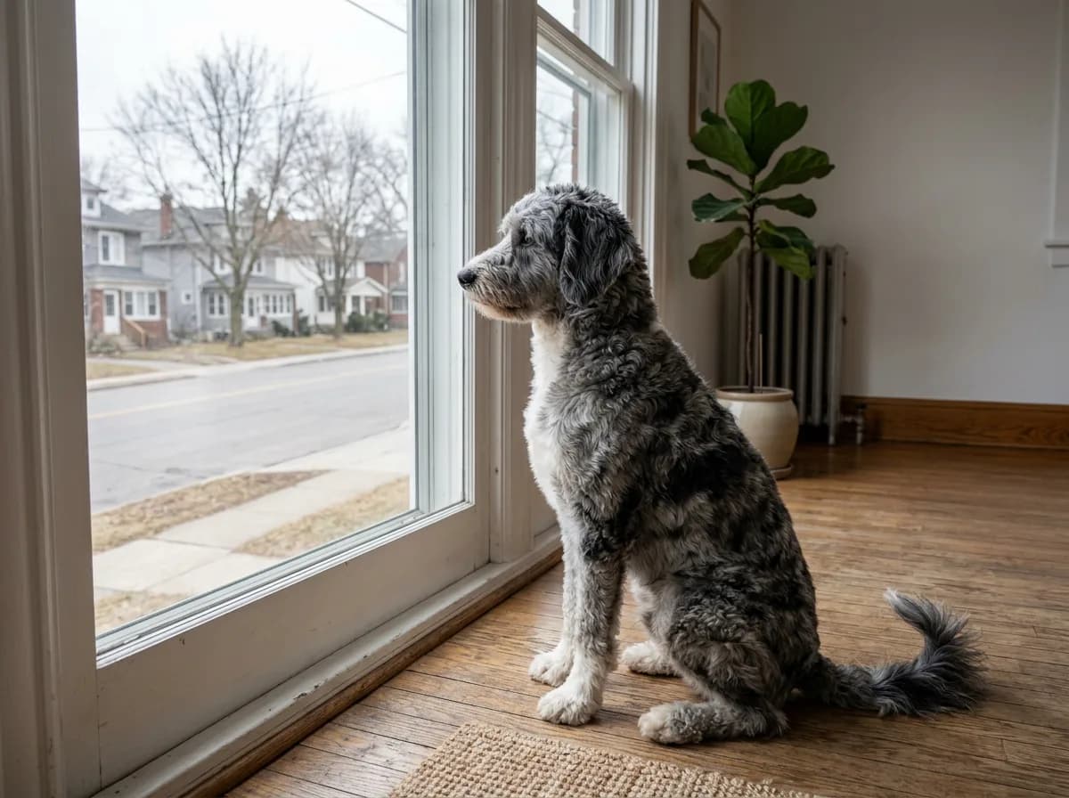 Blue merle Aussiedoodle sitting alone on a hardwood floor watching the quiet street through a window