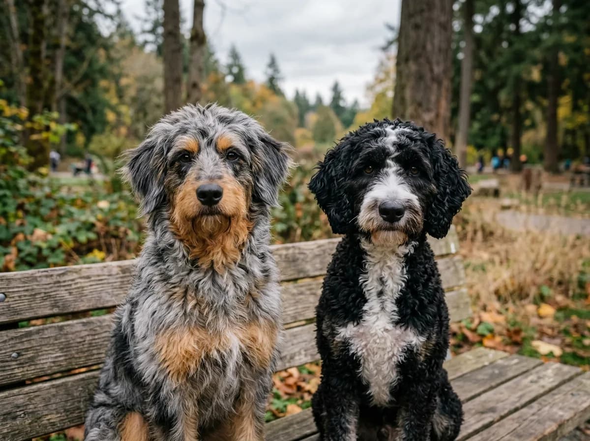 Two Aussiedoodles on a wooden park bench, one shaggy blue merle and one tightly curled black and white