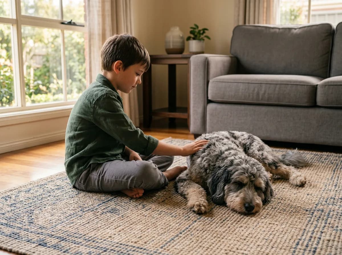 Young boy sitting cross legged on a living room rug petting a relaxed merle Aussiedoodle