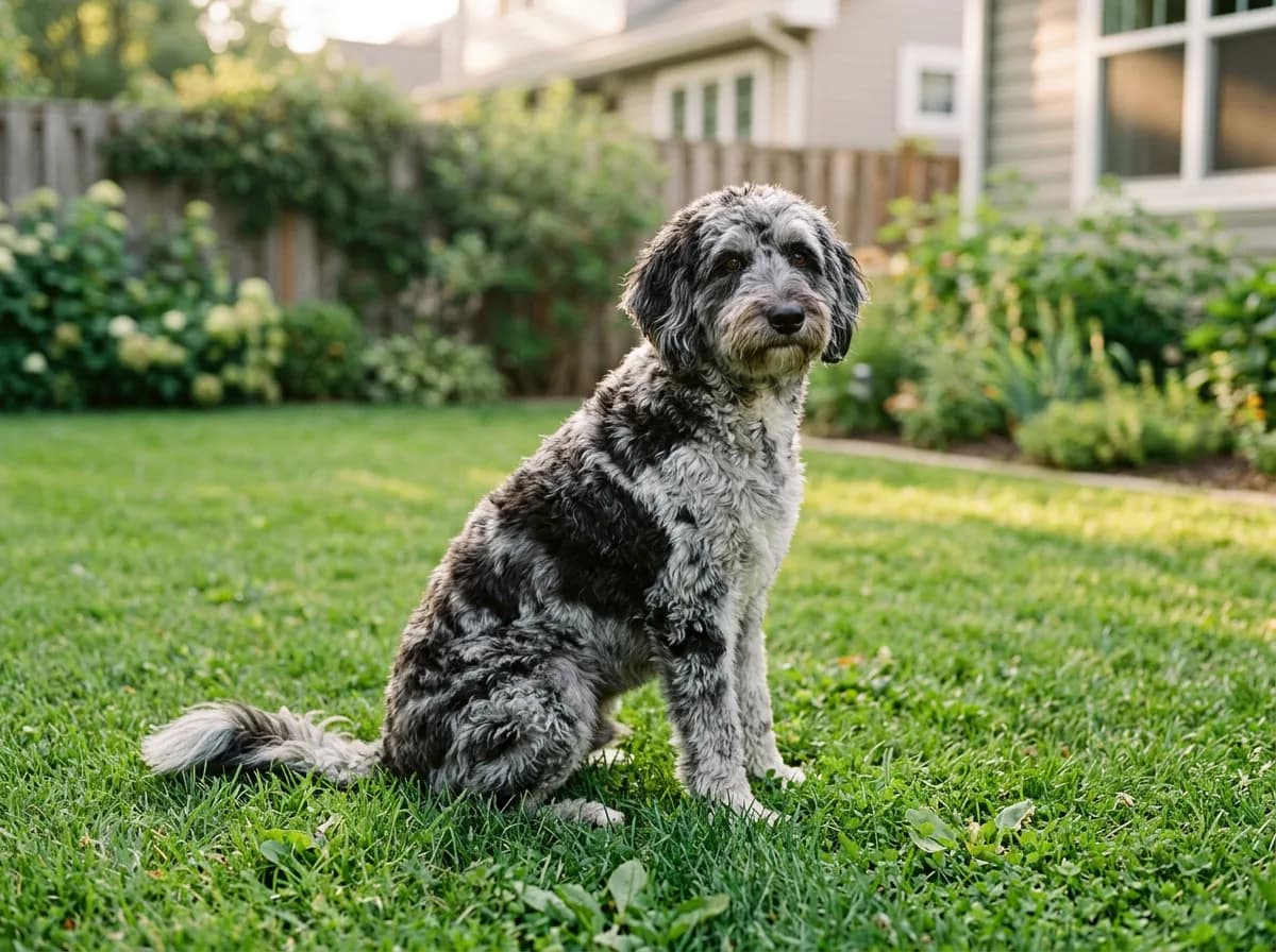 Grey and black merle Aussiedoodle sitting on a green backyard lawn beside a wooden fence