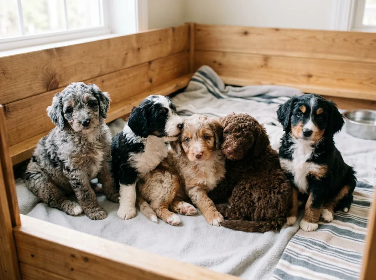 Six Aussiedoodle puppies sitting together in a wooden whelping pen, coats ranging from tightly curly to flat