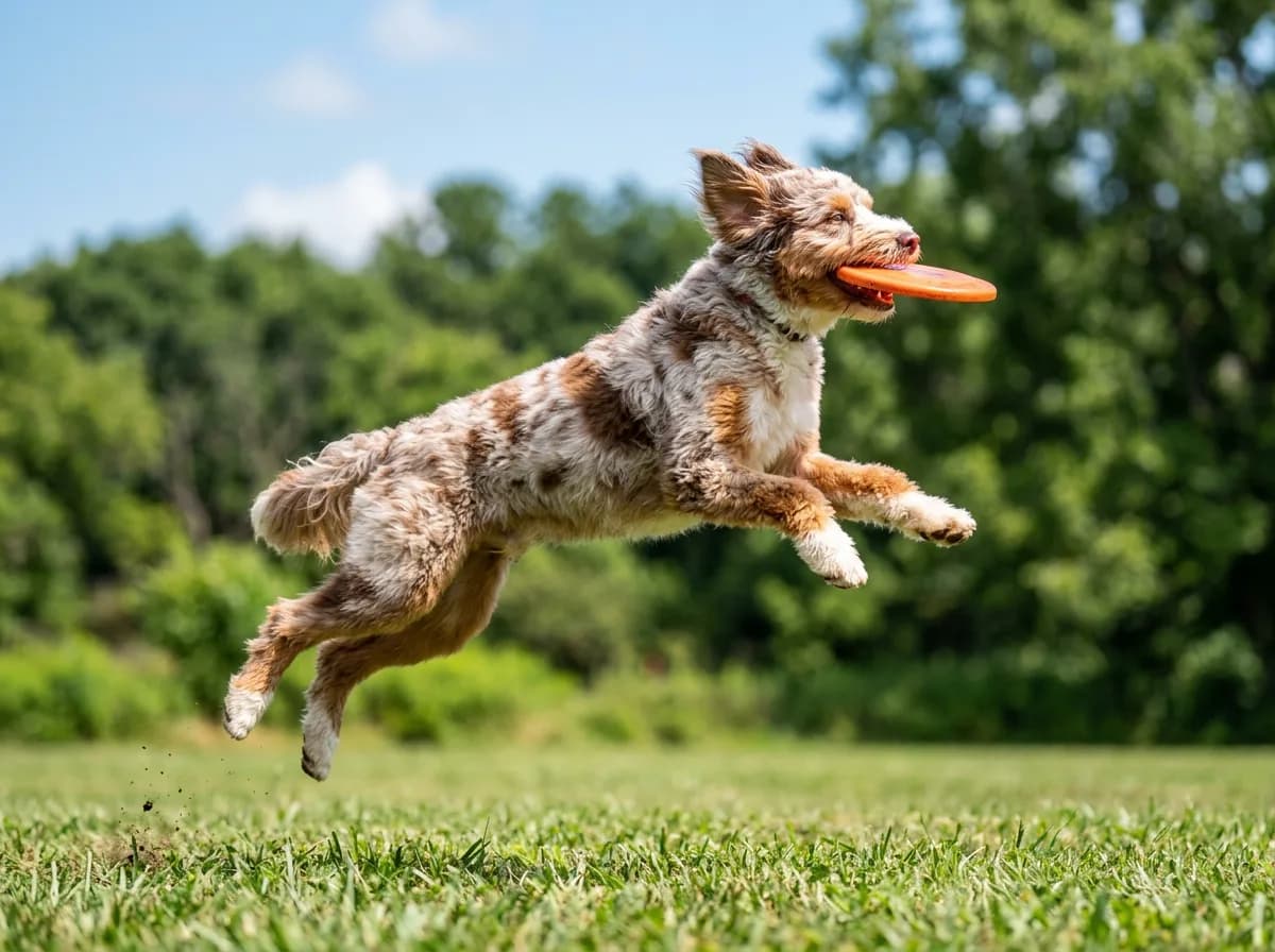 Red merle Aussiedoodle leaping mid air to catch an orange flying disc over a grassy field