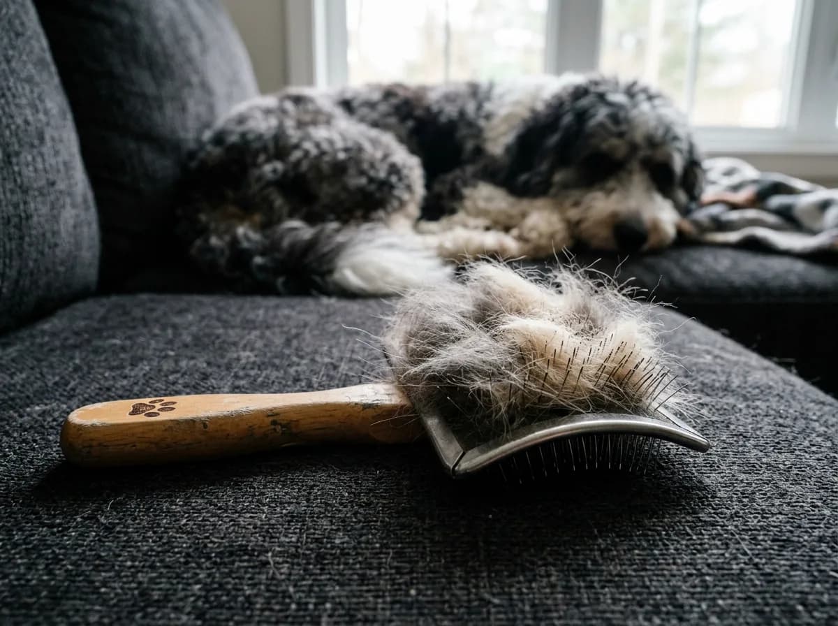 Slicker brush on a grey sofa packed with loose cream and grey hair, dog resting behind