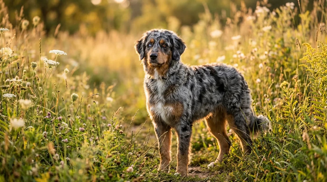 Blue merle Aussiedoodle with copper markings standing in a sunlit wildflower meadow at golden hour