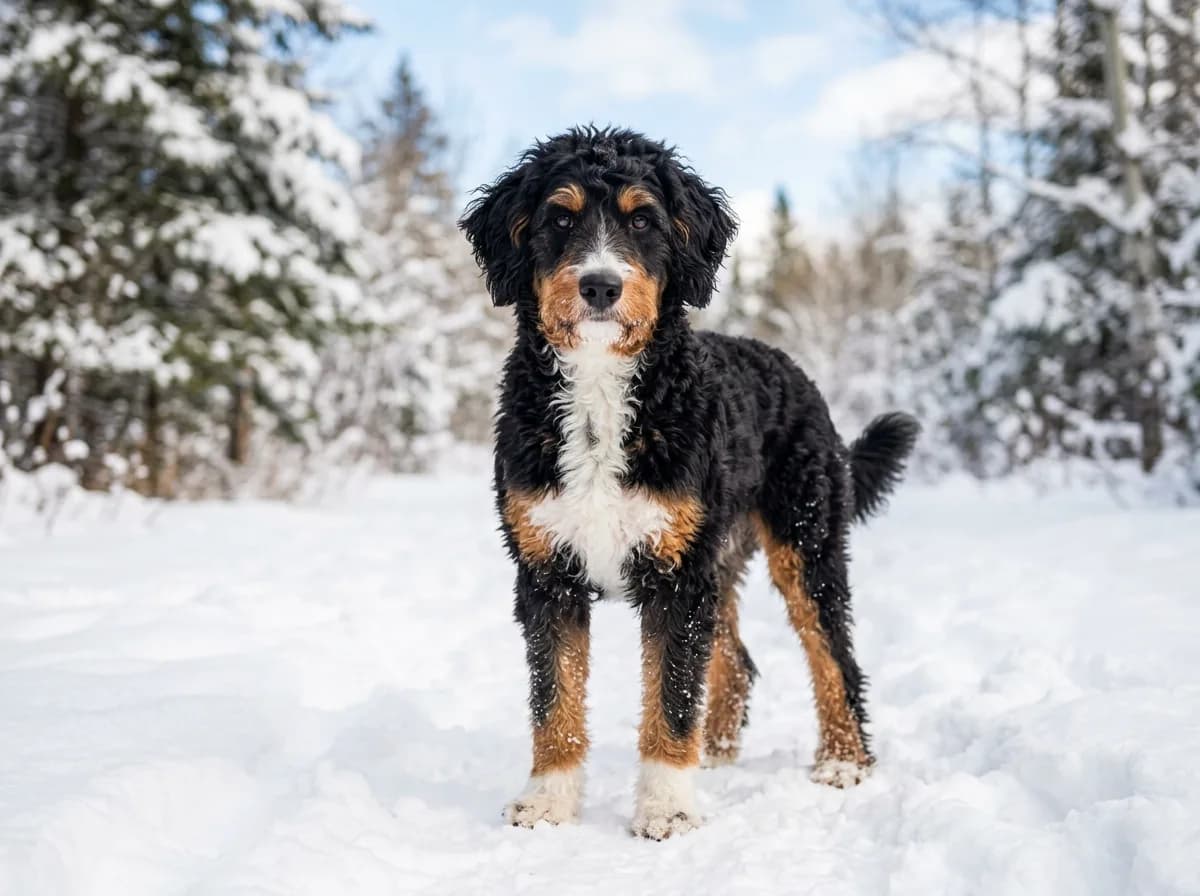 Black tricolor Aussiedoodle with copper points and a white chest standing in deep snow among frosted evergreens