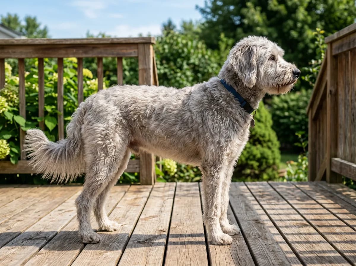 Faded silver cream Aussiedoodle standing in profile on a sunny wooden deck wearing a blue collar