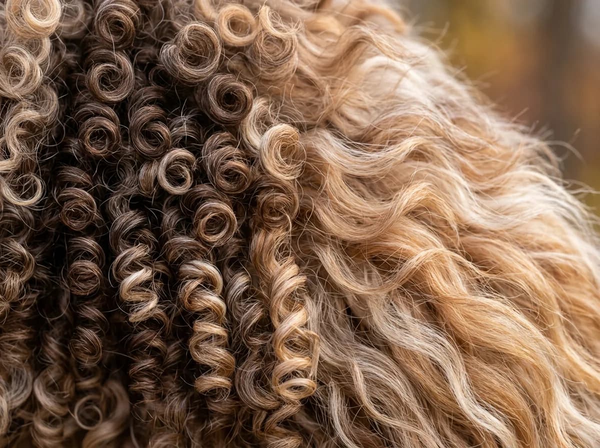 Extreme close up of a dog coat, tight dark curls on one side blending into loose blond waves
