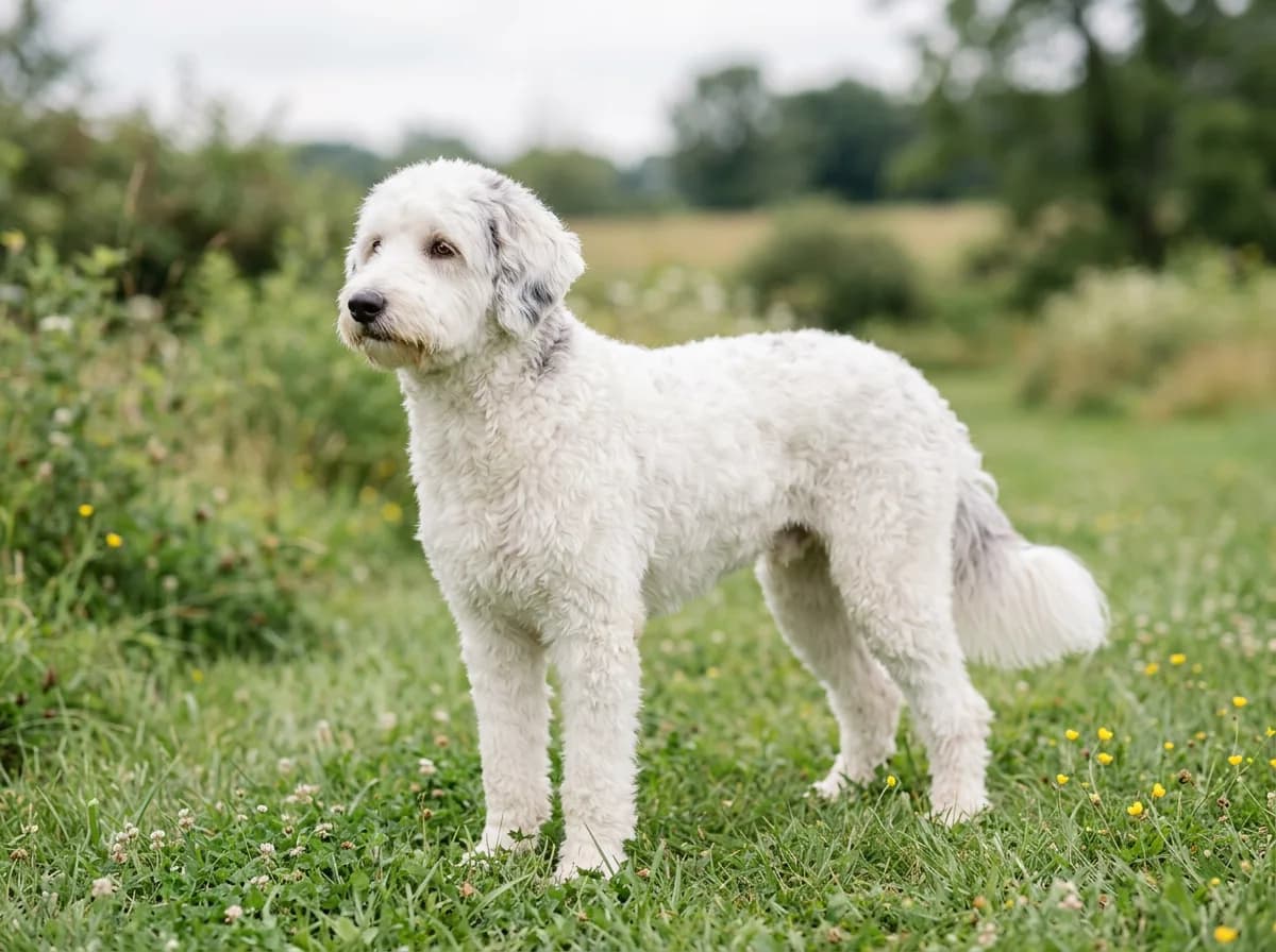 Mostly white double merle Aussiedoodle with grey patches on one ear, standing in a grassy field