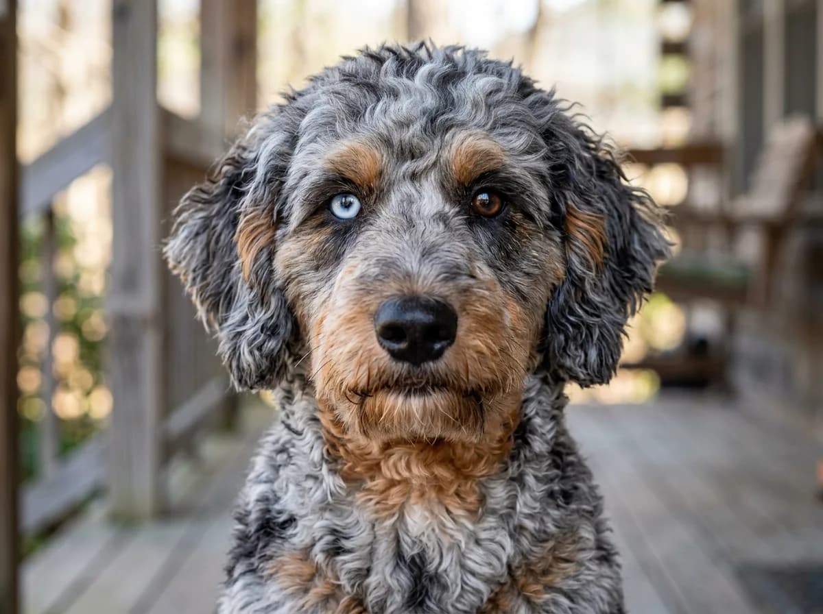 Close up of a blue merle Aussiedoodle with one blue eye, one brown eye and copper face markings