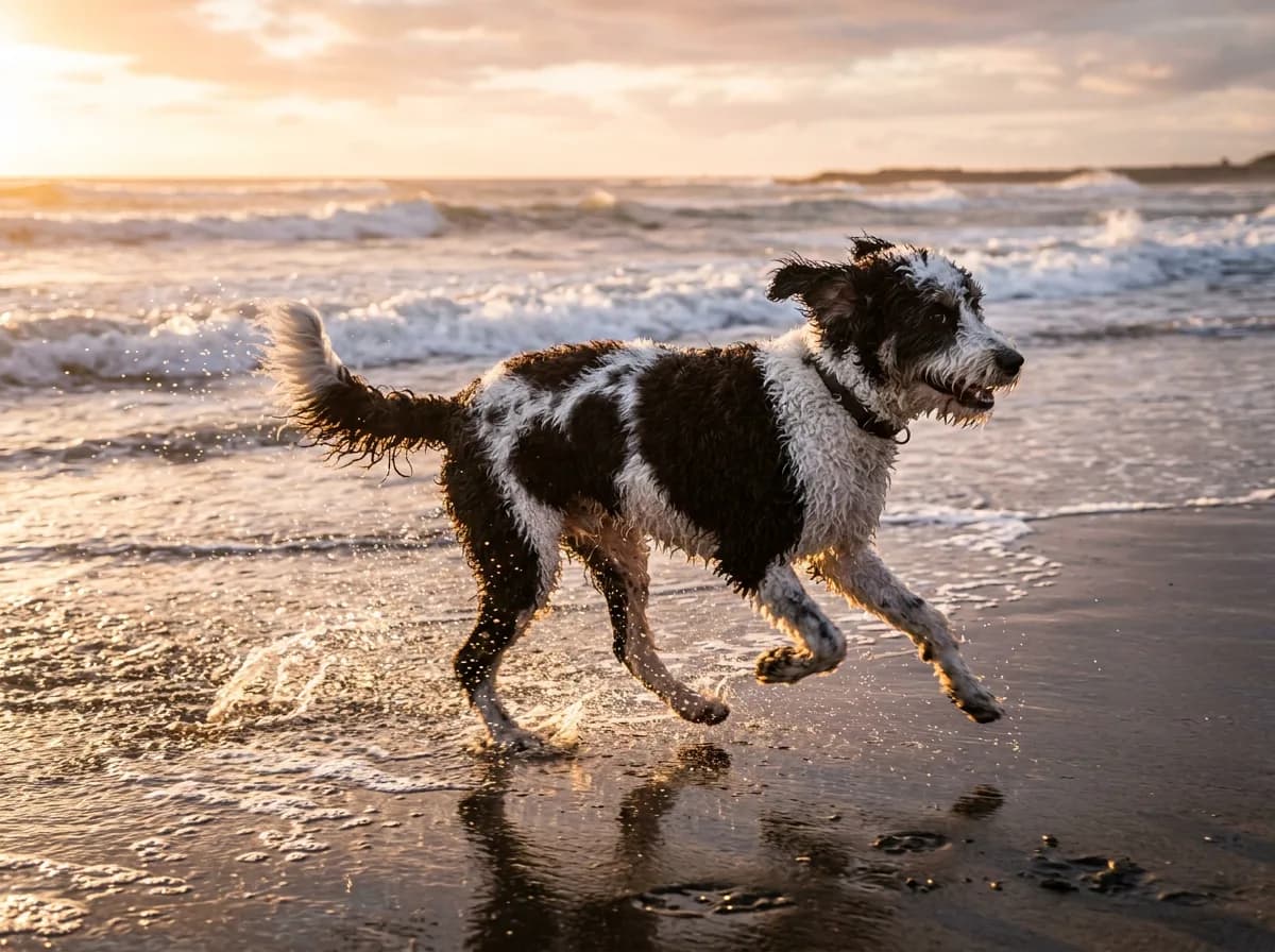 Black and white parti Aussiedoodle running through shallow surf on a beach at sunset