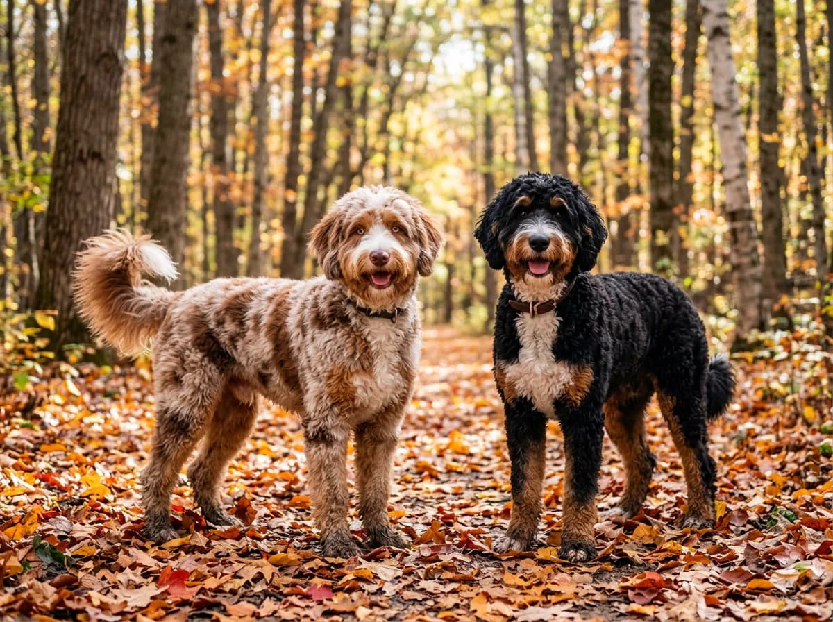 Red merle and black tricolor Aussiedoodles standing together on a leaf covered autumn forest trail