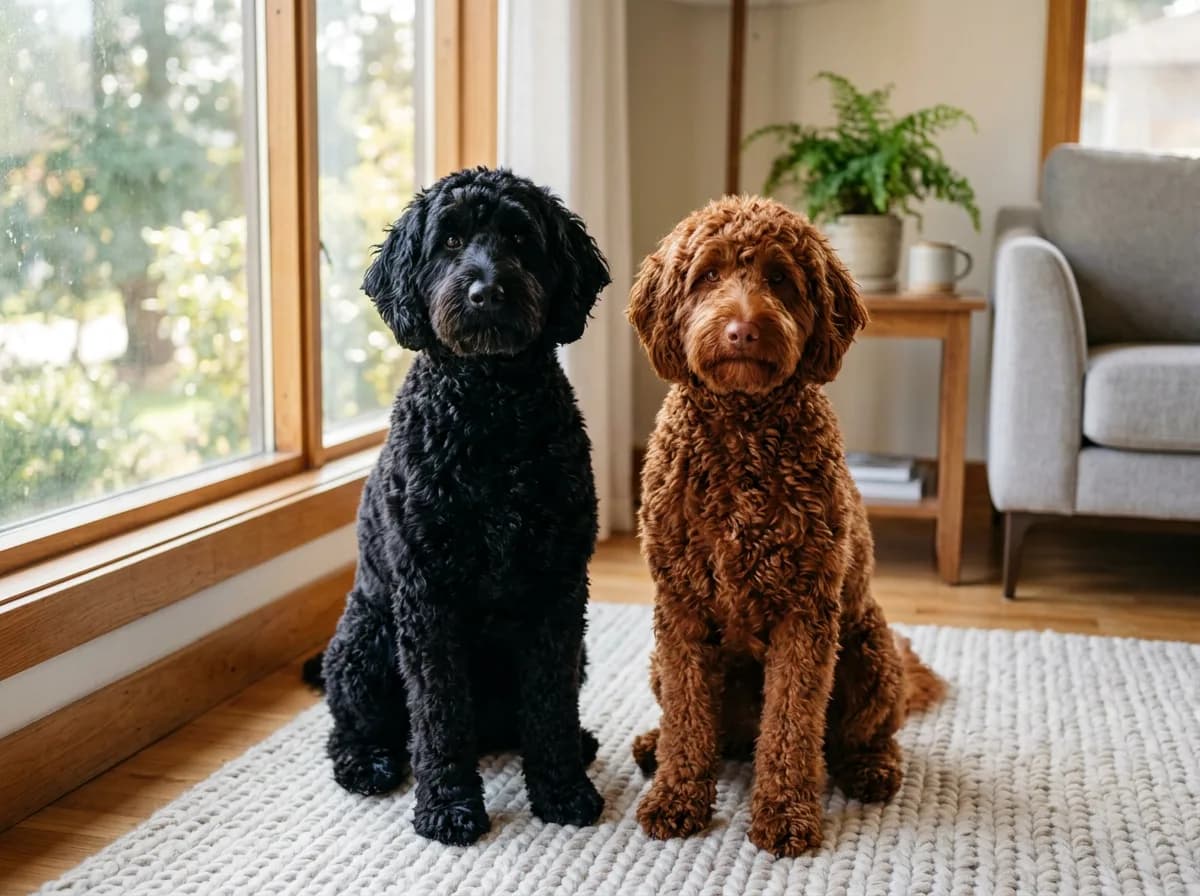 Solid black and solid red Aussiedoodles sitting side by side on a living room rug