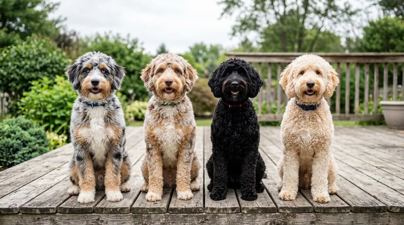 Four Aussiedoodles sitting in a row on a wooden deck: blue merle, red merle, black and cream