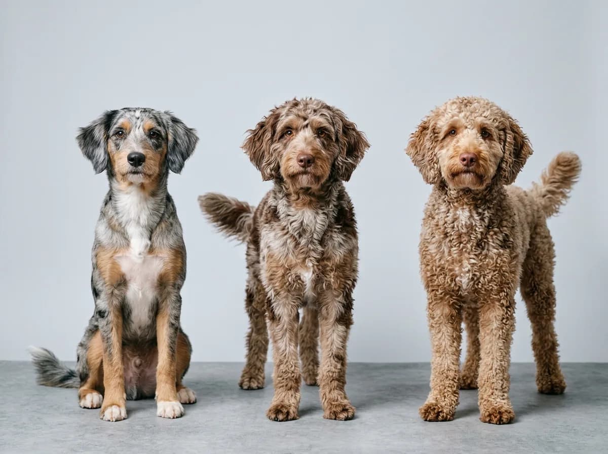 Three Aussiedoodles against a grey studio backdrop showing straight, wavy and curly coat types