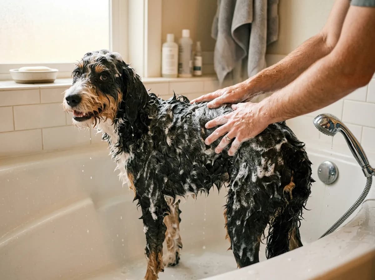 Black and tan Aussiedoodle standing in a bathtub while hands work shampoo along its back