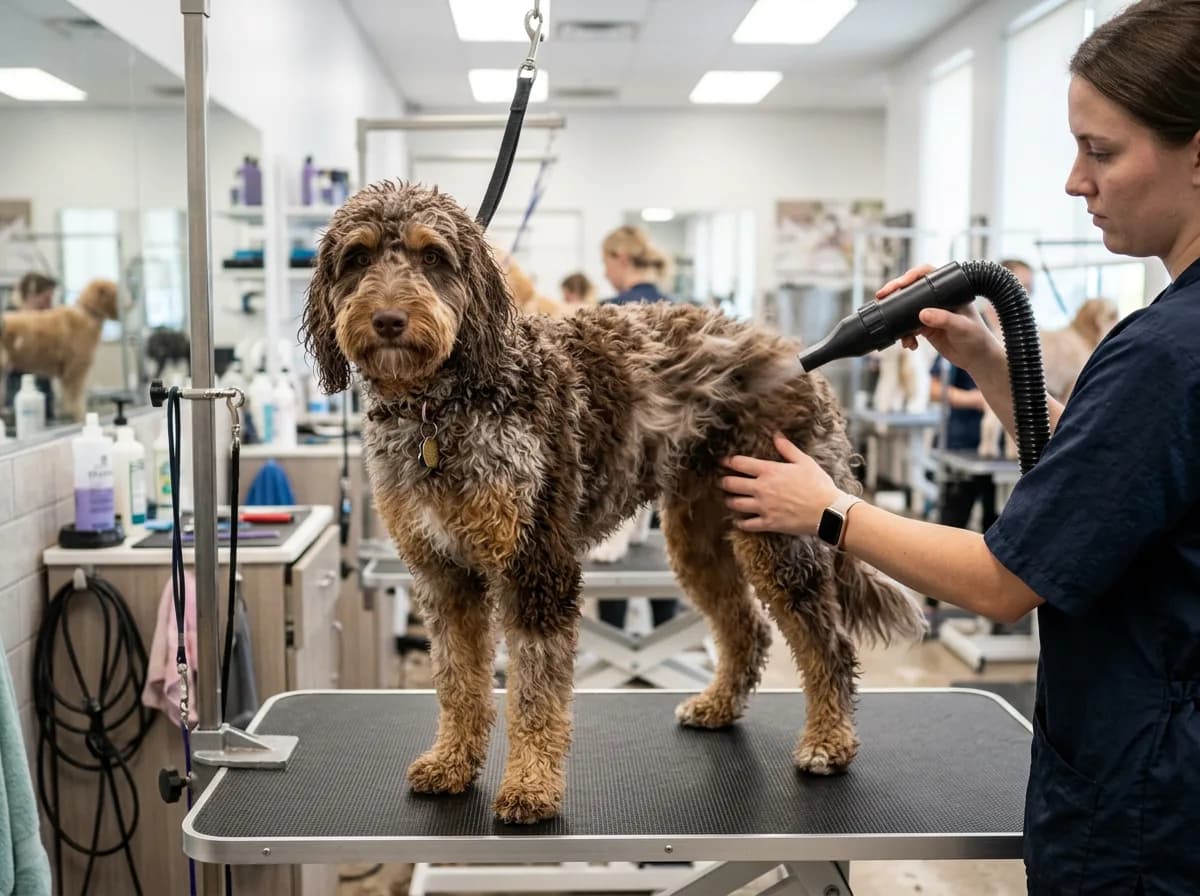 Groomer force drying a chocolate Aussiedoodle on a salon table, coat lifting in the airflow