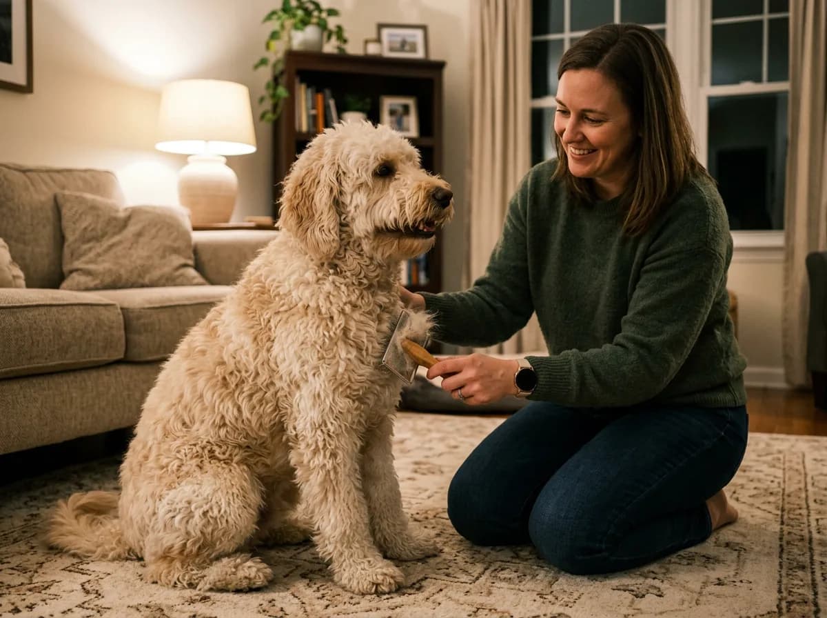 Woman kneeling on a living room rug brushing a large cream curly coated Aussiedoodle