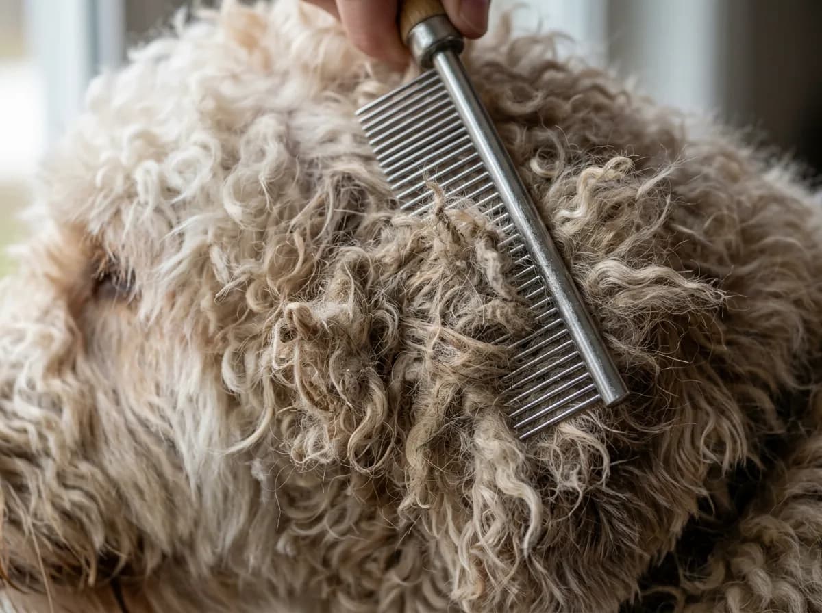 Metal comb pulled through a dense tangled mat in a cream Aussiedoodle curly coat