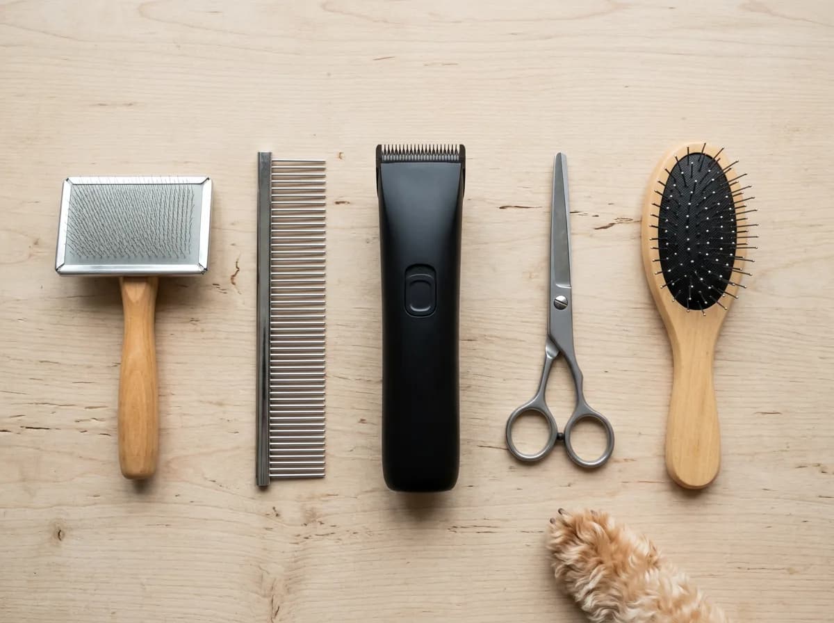 Slicker brush, steel comb, clippers, scissors and pin brush laid out on a wooden table