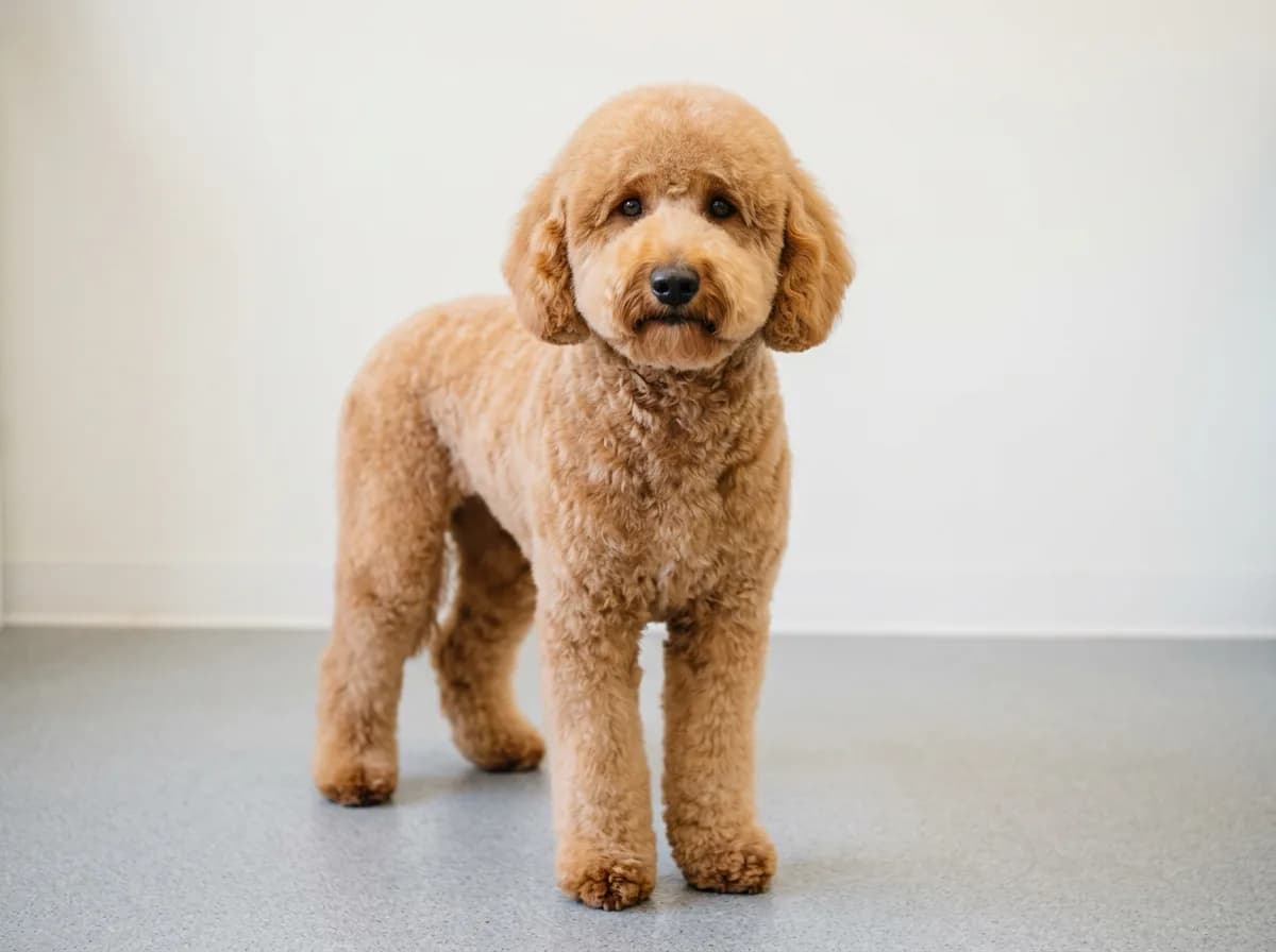 Apricot Aussiedoodle in a freshly trimmed rounded teddy bear cut standing against a plain wall
